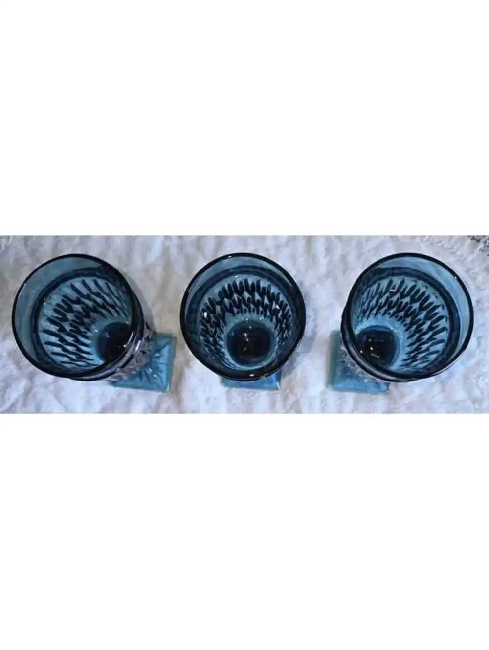 Vintage Blue Pressed Glass Goblets Set of 3 Square Foot Pedestal Wine Water